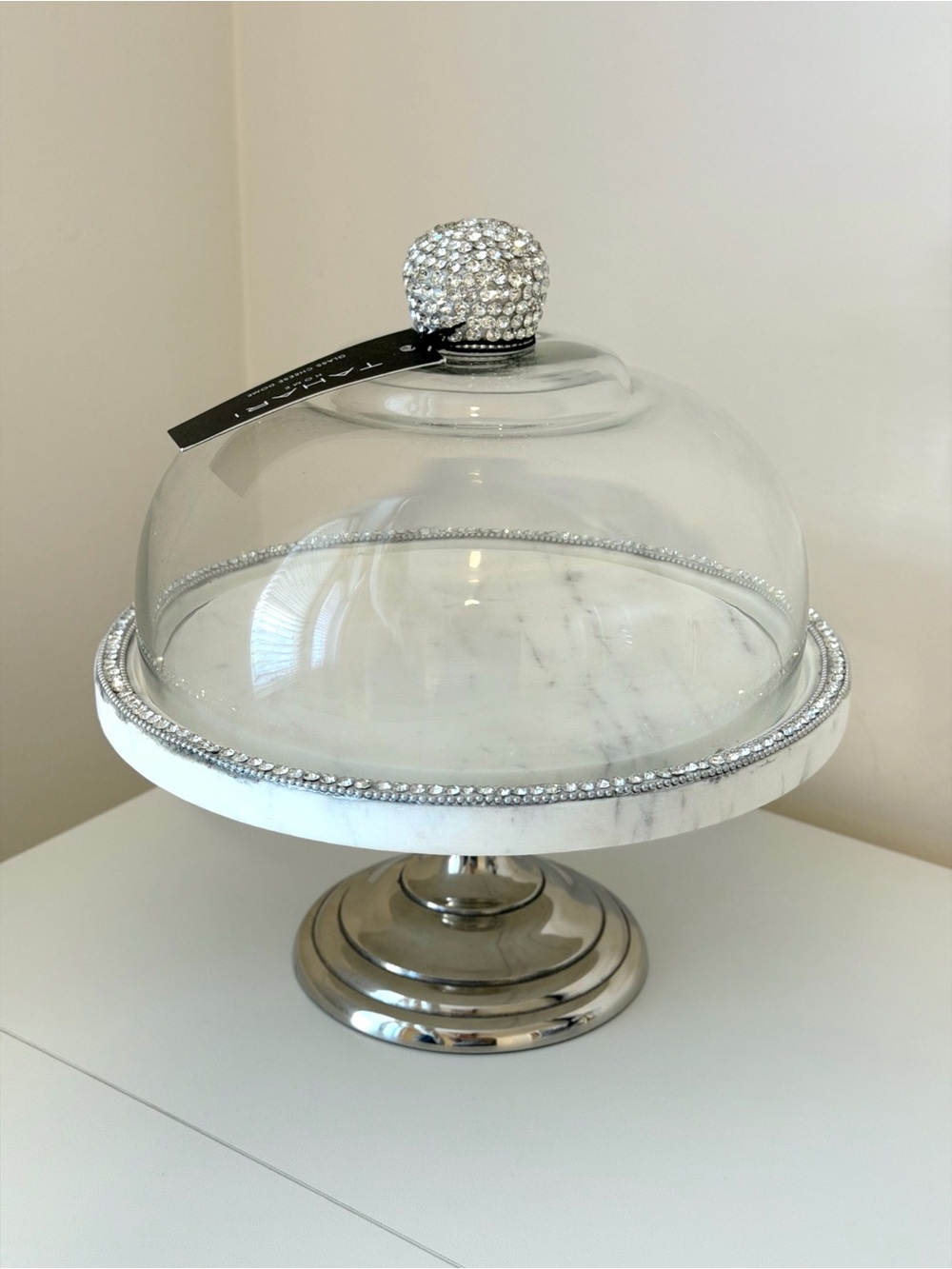 Tahari Home Glass Cheese Dome Cake Stand Marble Rhinestone Pedestal Server 10.5”